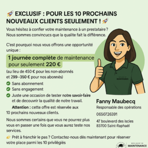 Offre estivale de Mon Agent de Maintenance : 1 journée complète de maintenance à 220 € pour les 10 premiers nouveaux clients, sans engagement, avec illustration de Fanny Maubecq.