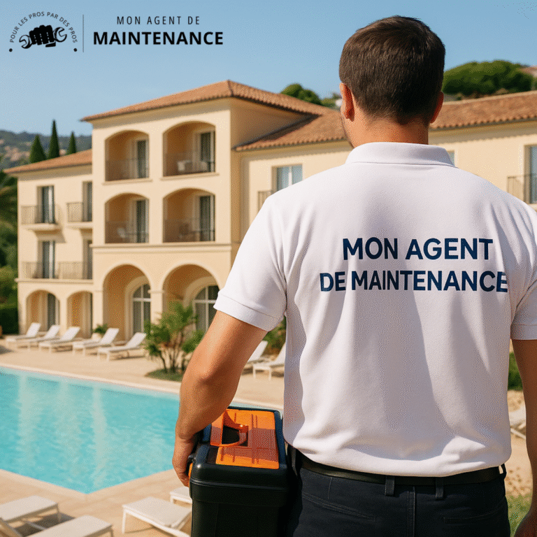 Agent de maintenance de dos devant un hôtel méditerranéen, tenant une caisse à outils, préparant l’établissement pour l’automne.