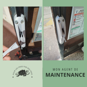 Dépanneur en intervention sur une porte de secours dans un bâtiment professionnel