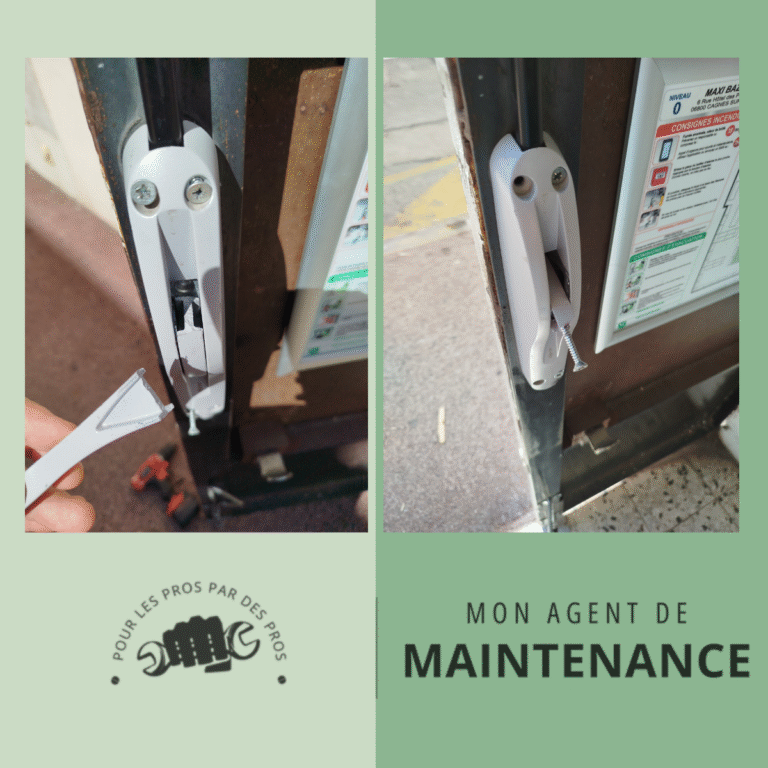 Dépanneur en intervention sur une porte de secours dans un bâtiment professionnel