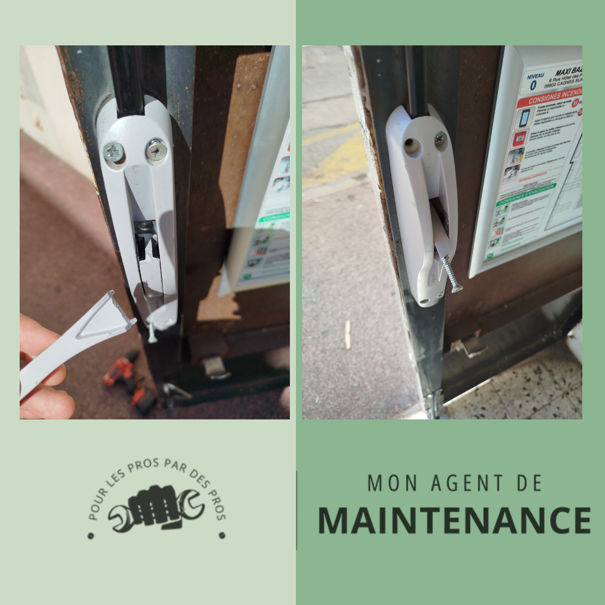 Dépanneur en intervention sur une porte de secours dans un bâtiment professionnel