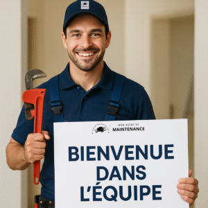 Agent de maintenance souriant tenant un panneau “Bienvenue dans l’équipe”