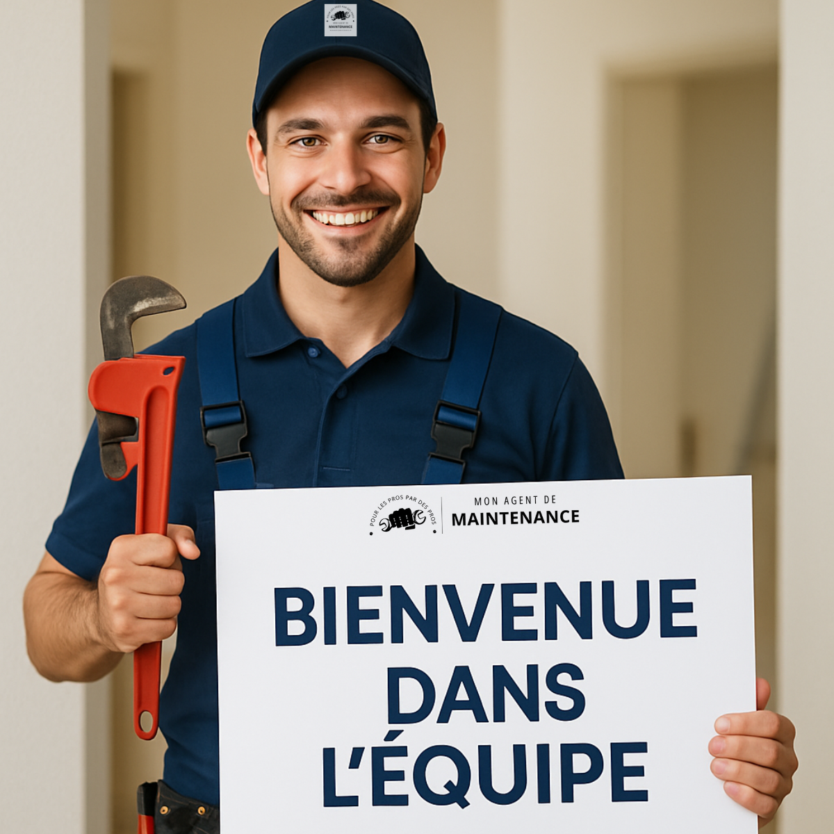 Agent de maintenance souriant tenant un panneau “Bienvenue dans l’équipe”