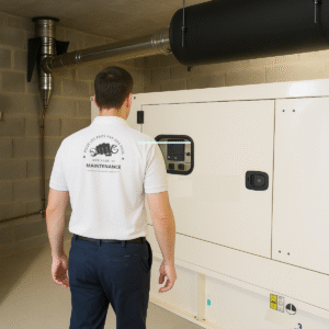 Technicien de maintenance en polo blanc vérifie un groupe électrogène dans un EHPAD