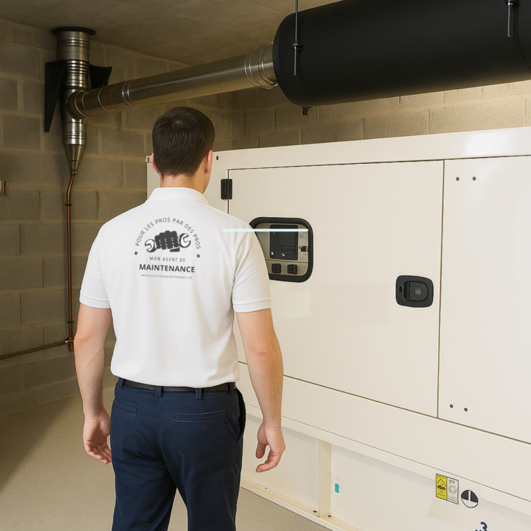 Technicien de maintenance en polo blanc vérifie un groupe électrogène dans un EHPAD