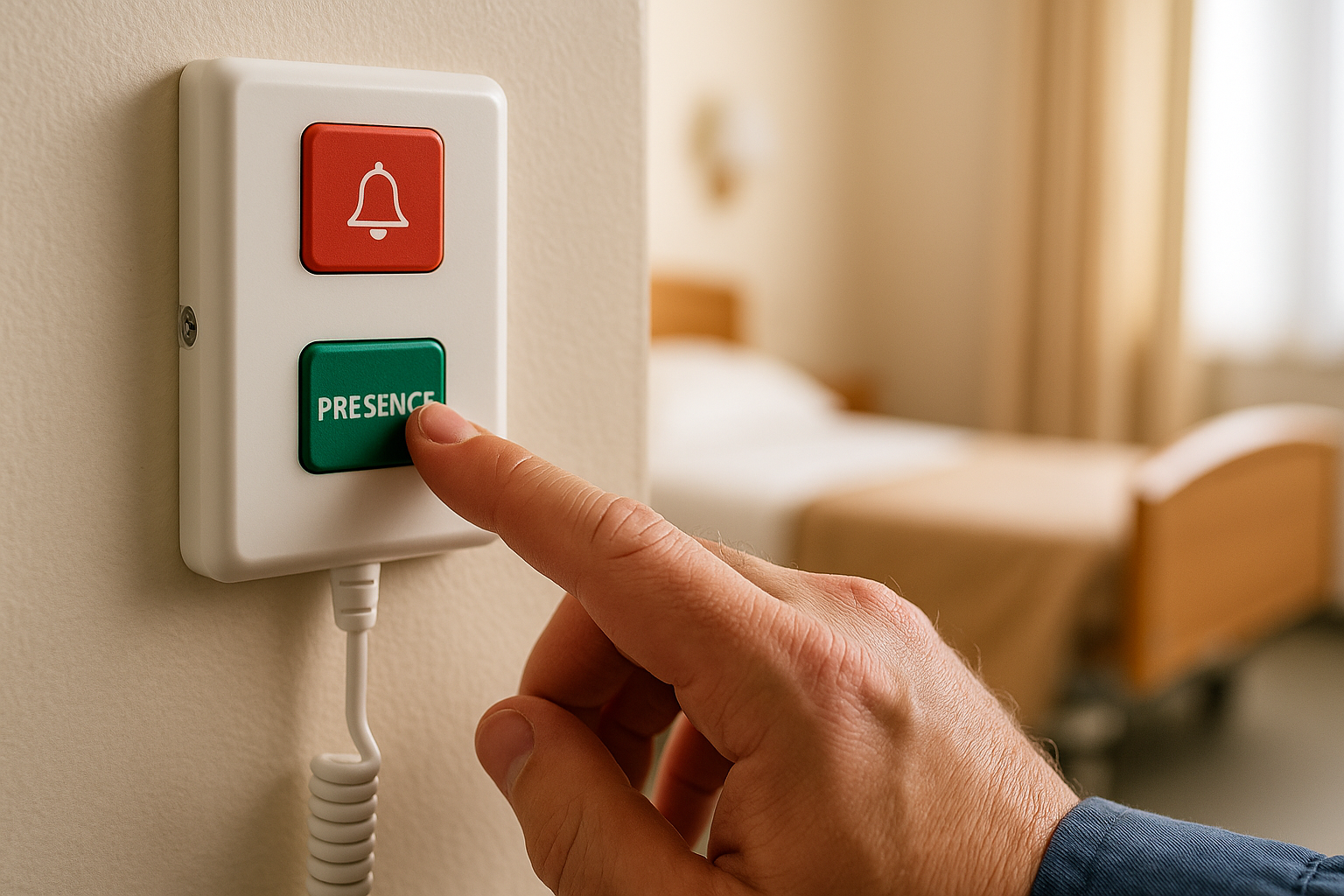 Main d’un agent appuyant sur le bouton de présence d’un boîtier d’appel-malade dans une chambre d’EHPAD floue en arrière-plan.